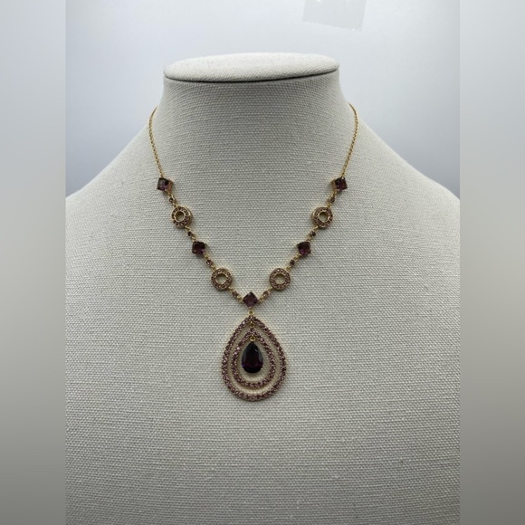 VINTAGE NVC Amethyst Purple Rhinestone Gold Tone Statement Necklace - Picture 2 of 3